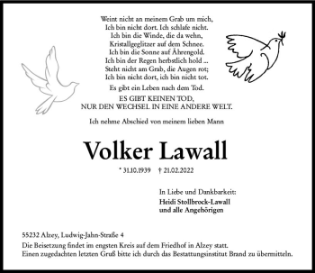 Traueranzeige von Volker Lawall von vrm-trauer Allgemeine Zeitung Alzey