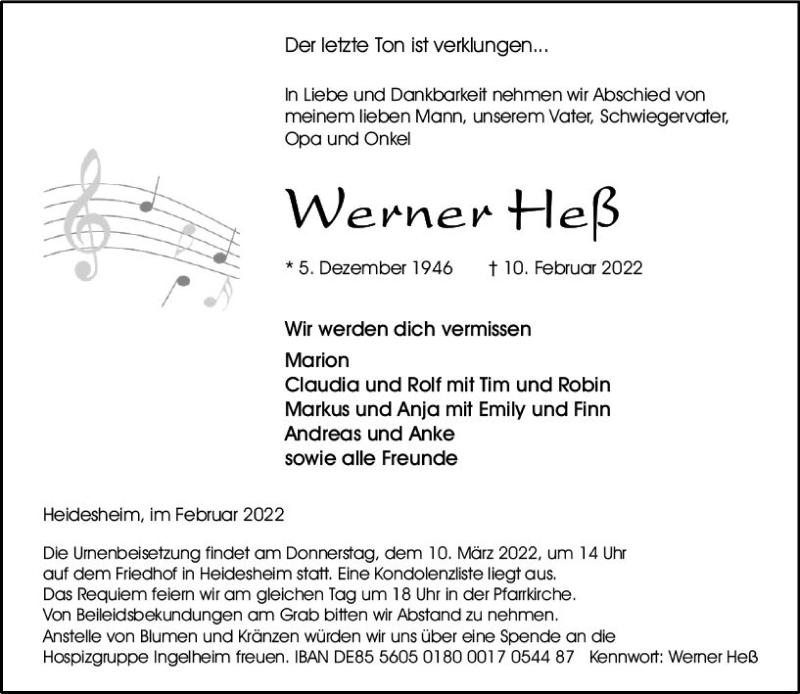  Traueranzeige für Werner Heß vom 26.02.2022 aus vrm-trauer Allgemeine  Zeitung Ingelheim-Bingen
