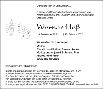 Traueranzeige von Werner Heß von vrm-trauer Allgemeine  Zeitung Ingelheim-Bingen