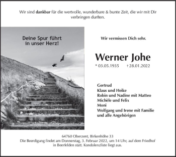 Traueranzeige von Werner Johe von vrm-trauer Odenwälder Echo