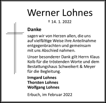 Traueranzeige von Werner Lohnes von vrm-trauer Odenwälder Echo