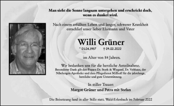Traueranzeige von Willi Grüner von vrm-trauer Bürstädter/Lamperth. Ztg/Starkenburger