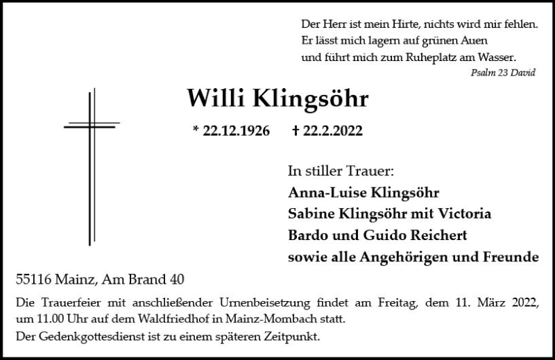  Traueranzeige für Willi Klingsöhr vom 26.02.2022 aus vrm-trauer AZ Mainz