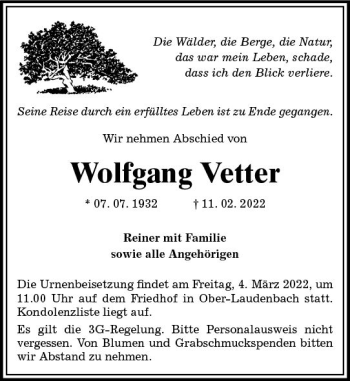 Traueranzeige von Wolfgang Vetter von vrm-trauer Bürstädter/Lamperth. Ztg/Starkenburger