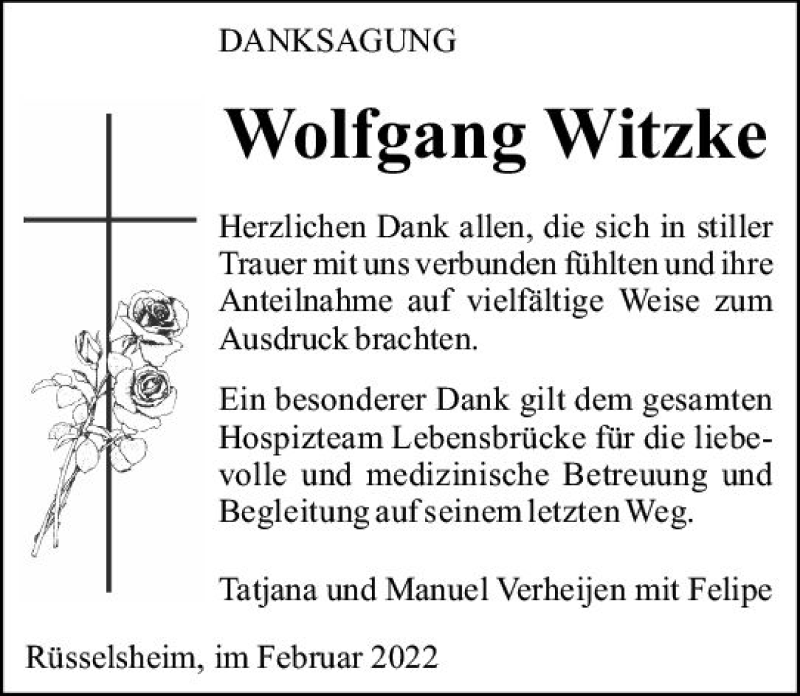  Traueranzeige für Wolfgang Witzke vom 05.02.2022 aus vrm-trauer Rüsselsheimer Echo / MainSpitze