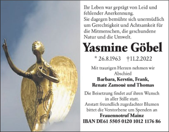 Traueranzeige von Yasmine Göbel von vrm-trauer Allgemeine  Zeitung Ingelheim-Bingen