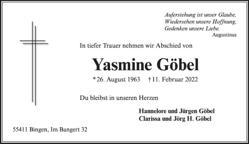  Traueranzeige für Yasmine Göbel vom 22.02.2022 aus vrm-trauer Allgemeine  Zeitung Ingelheim-Bingen