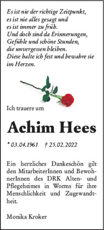 Traueranzeige von Achim Hees von vrm-trauer Wormser Zeitung