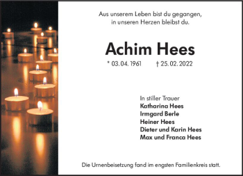 Traueranzeige von Achim Hees von vrm-trauer Wormser Zeitung