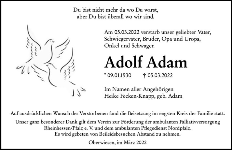  Traueranzeige für Adolf Adam vom 19.03.2022 aus vrm-trauer Allgemeine Zeitung Alzey