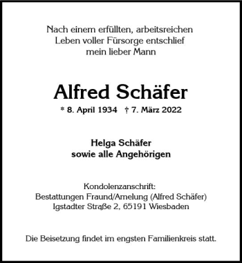 Traueranzeige von Alfred Schäfer von vrm-trauer Wiesbadener Kurier