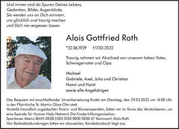 Traueranzeige von Alois Gottfried Roth von vrm-trauer AZ Mainz