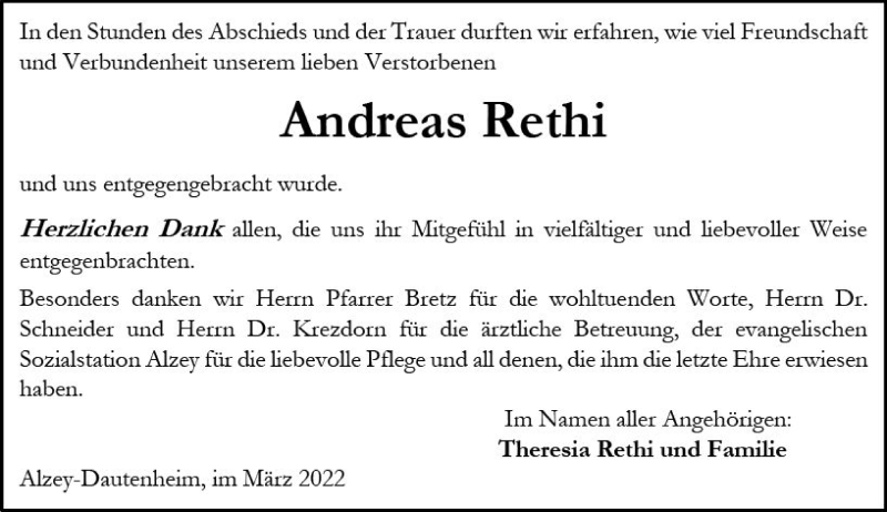  Traueranzeige für Andreas Rethi vom 12.03.2022 aus vrm-trauer Allgemeine Zeitung Alzey