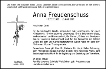 Traueranzeige von Anna Freudenschuss von vrm-trauer Hochheimer Zeitung
