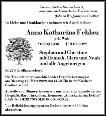 Traueranzeige von Anna Katharina Fehlau von vrm-trauer Idsteiner Zeitung