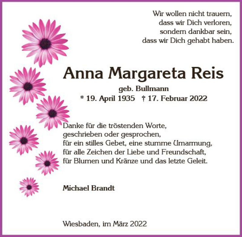  Traueranzeige für Anna Margareta Reis vom 12.03.2022 aus vrm-trauer Wiesbadener Kurier