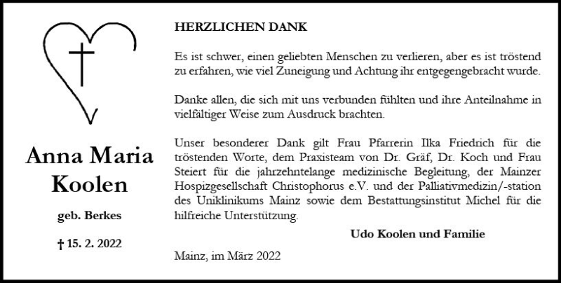  Traueranzeige für Anna Maria Koolen vom 12.03.2022 aus vrm-trauer AZ Mainz