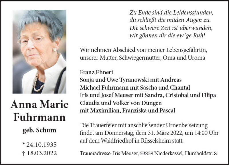  Traueranzeige für Anna Marie Fuhrmann vom 26.03.2022 aus vrm-trauer Rüsselsheimer Echo / MainSpitze