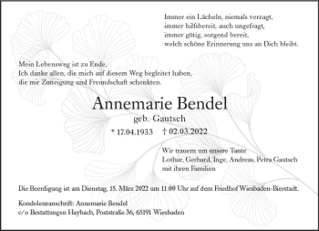 Traueranzeige von Annemarie Bendel von vrm-trauer Wiesbadener Kurier