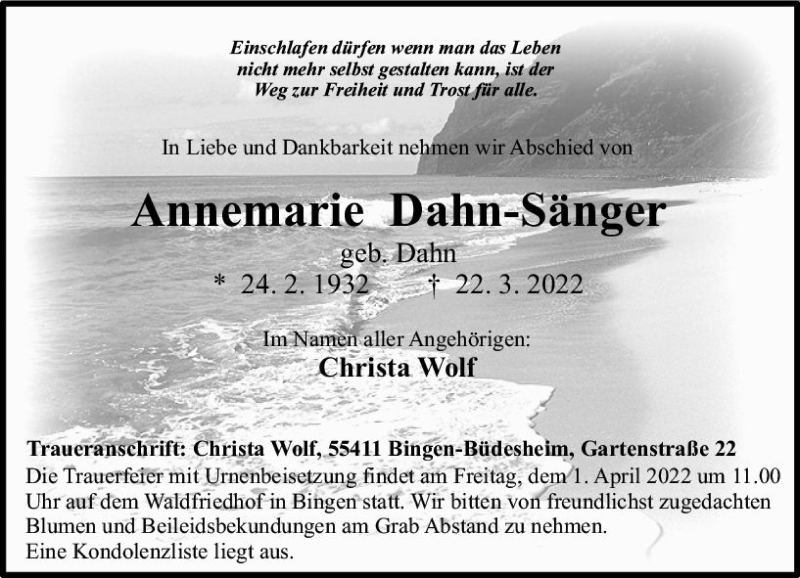  Traueranzeige für Annemarie Dahn-Sänger vom 26.03.2022 aus vrm-trauer Allgemeine  Zeitung Ingelheim-Bingen