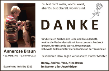 Traueranzeige von Annerose Braun von vrm-trauer AZ Mainz