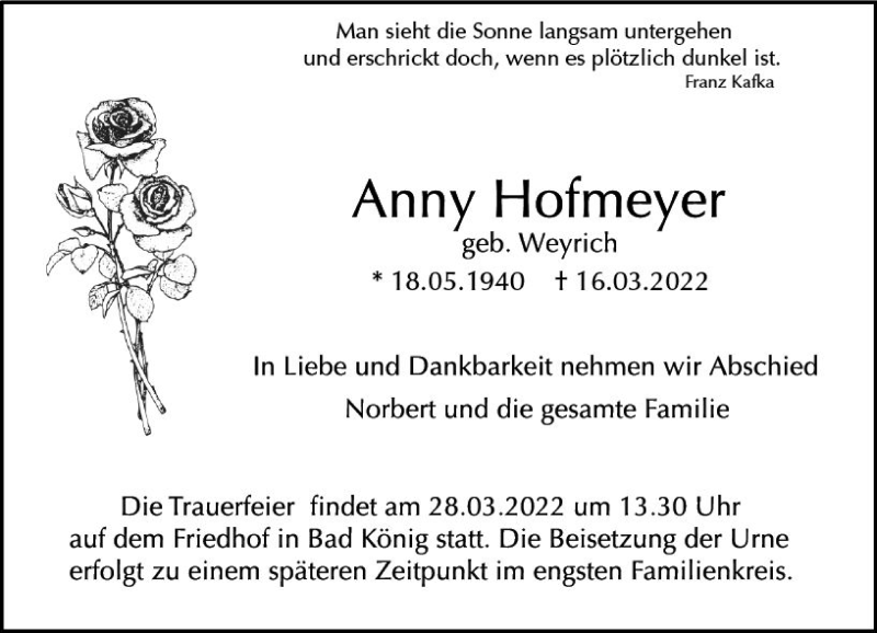 Traueranzeige für Anny Hofmeyer vom 23.03.2022 aus vrm-trauer Odenwälder Echo