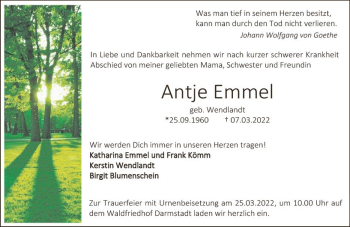 Traueranzeige von Antje Emmel von vrm-trauer Darmstädter Echo
