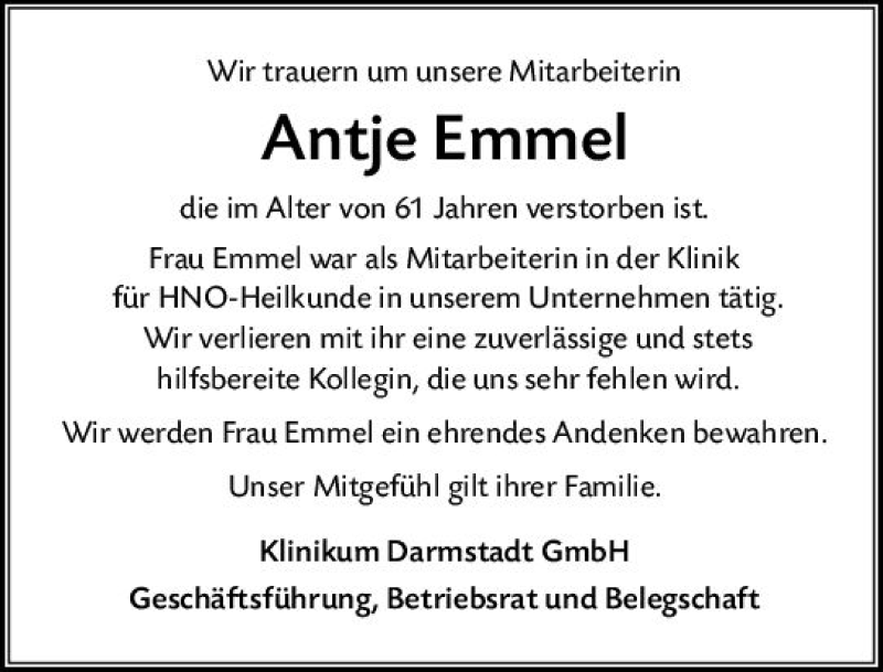  Traueranzeige für Antje Emmel vom 23.03.2022 aus vrm-trauer Darmstädter Echo