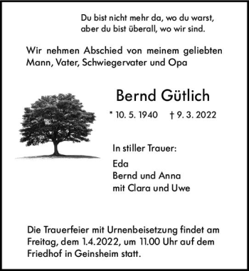 Traueranzeige von Bernd Gütlich von vrm-trauer Rüsselsheimer Echo / MainSpitze
