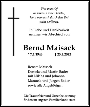 Traueranzeige von Bernd Maisack von vrm-trauer AZ Mainz