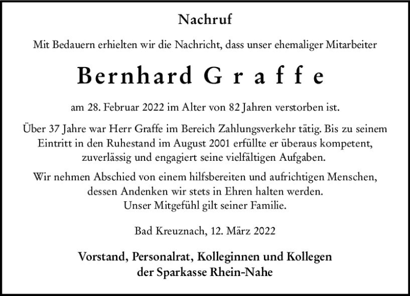  Traueranzeige für Bernhard Graffe vom 12.03.2022 aus vrm-trauer Allgemeine  Zeitung Ingelheim-Bingen