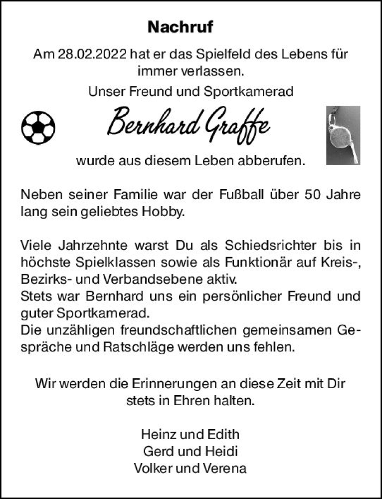 Traueranzeige für Bernhard Graffe vom 09.03.2022 aus vrm-trauer Allgemeine  Zeitung Ingelheim-Bingen