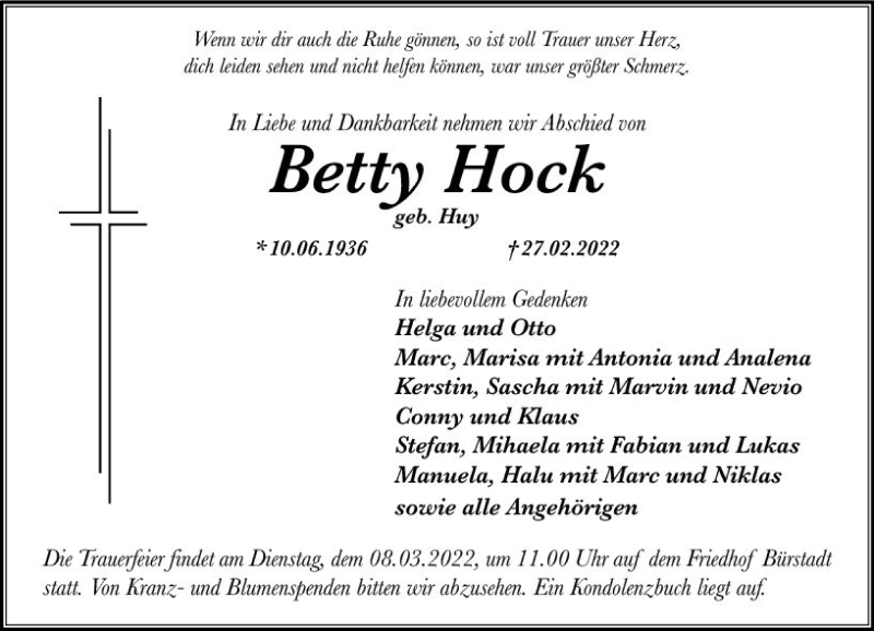  Traueranzeige für Betty Hock vom 05.03.2022 aus vrm-trauer Bürstädter/Lamperth. Ztg/Starkenburger