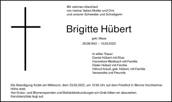 Traueranzeige von Brigitte Hübert von vrm-trauer Wormser Zeitung