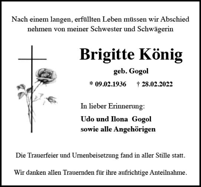  Traueranzeige für Brigitte König vom 26.03.2022 aus vrm-trauer Rheingau