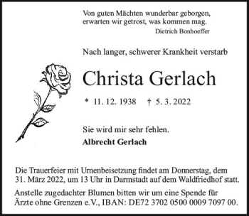 Traueranzeige von Christa Gerlach von vrm-trauer Darmstädter Echo