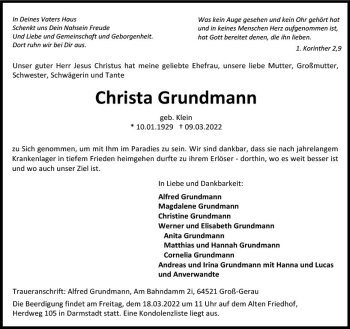 Traueranzeige von Christa Grundmann von vrm-trauer Groß-Gerauer Echo