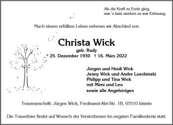 Traueranzeige von Christa Wick von vrm-trauer Wiesbadener Kurier