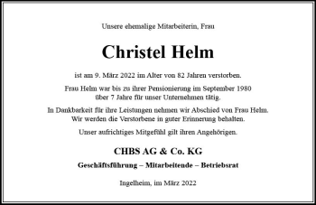 Traueranzeige von Christel Helm von vrm-trauer Allgemeine  Zeitung Ingelheim-Bingen