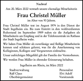 Traueranzeige von Christel Müller von vrm-trauer Allgemeine  Zeitung Ingelheim-Bingen