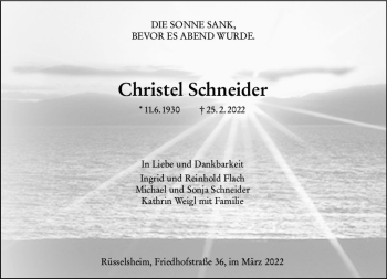 Traueranzeige von Christel Schneider von vrm-trauer Rüsselsheimer Echo / MainSpitze