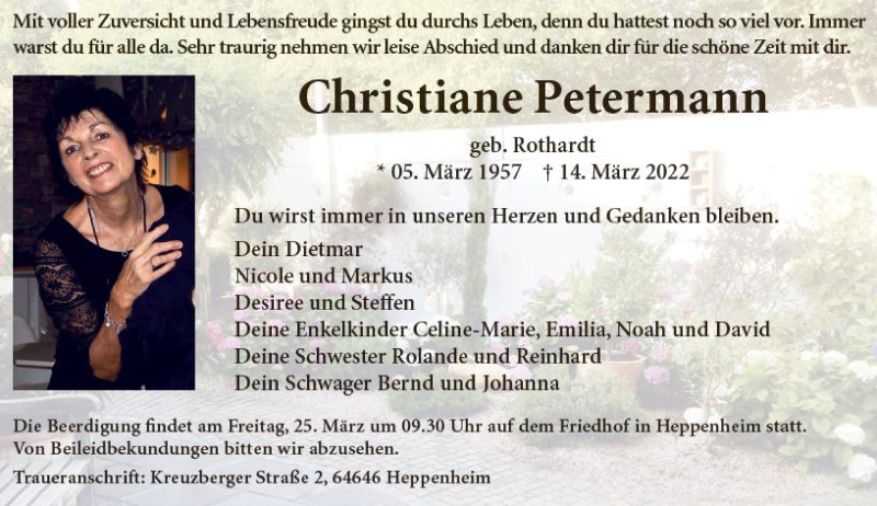  Traueranzeige für Christiane Petermann vom 19.03.2022 aus vrm-trauer Bergsträßer Anzeiger