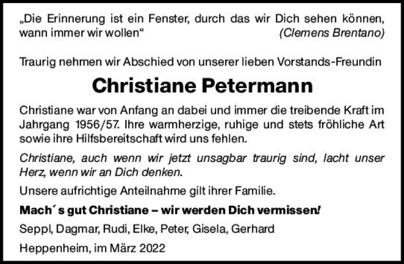  Traueranzeige für Christiane Petermann vom 26.03.2022 aus vrm-trauer Bürstädter/Lamperth. Ztg/Starkenburger