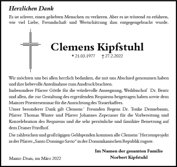 Traueranzeige von Clemens Kipfstuhl von vrm-trauer AZ Mainz