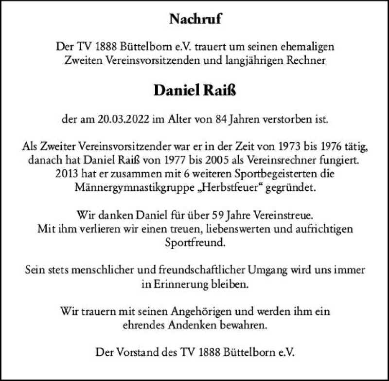 Traueranzeige für Daniel Raiß vom 25.03.2022 aus vrm-trauer Groß-Gerauer Echo