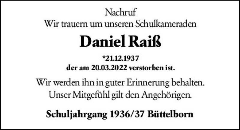  Traueranzeige für Daniel Raiß vom 26.03.2022 aus vrm-trauer Groß-Gerauer Echo