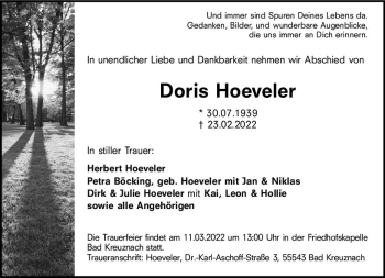 Traueranzeige von Doris Hoeveler von vrm-trauer Allg. Zeitung Bad Kreuznach