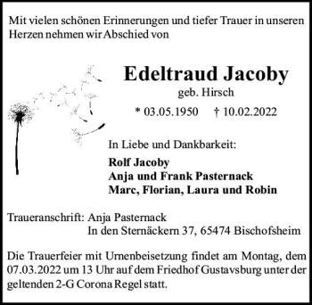Traueranzeige von Edeltraud Jacoby von vrm-trauer AZ Mainz