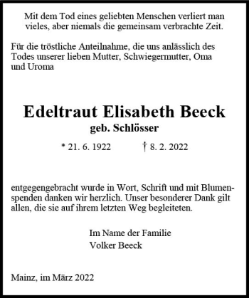 Traueranzeige von Edeltraut Elisabeth Beeck von vrm-trauer AZ Mainz