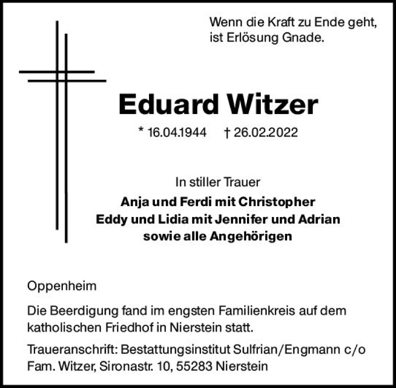  Traueranzeige für Eduard Witzer vom 12.03.2022 aus vrm-trauer AZ Mainz